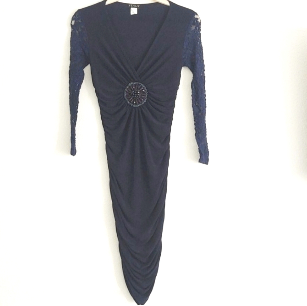 Venus Embellished Ruched V Neck Dress Navy…
